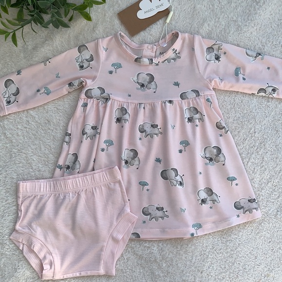 NWT Angel Dear Pink Dress and Bloomers GRAY ELEPHANTS 3-6M Bamboo - Picture 1 of 9